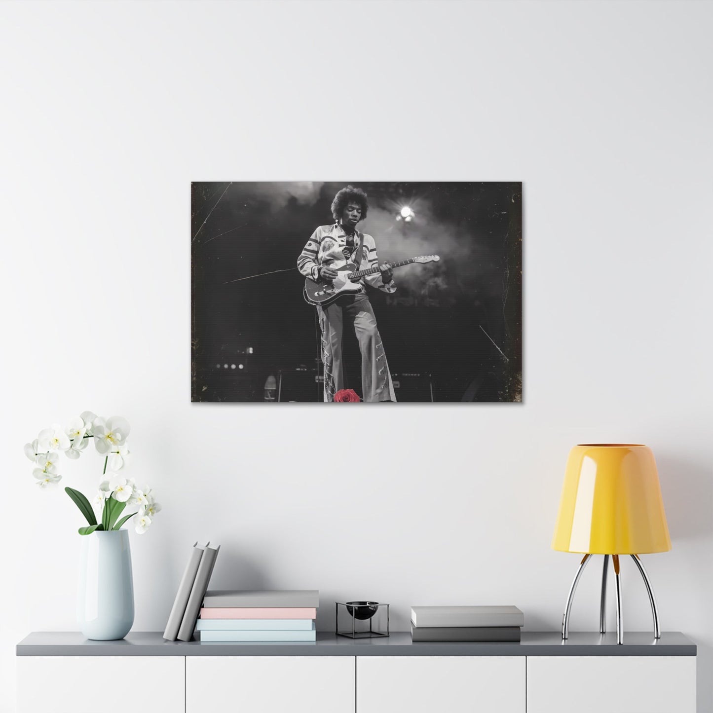 Jimi Hendrix Timeless Passion: Jimi Hendrix Vintage Performance | Canvas Gallery WrCanvasJimi Hendrix Vintage Photo Art - Black and White with Red Rose AccentExperience the raw energy of Jimi Hendrix through this unique vintage-style canvas. Bring the s