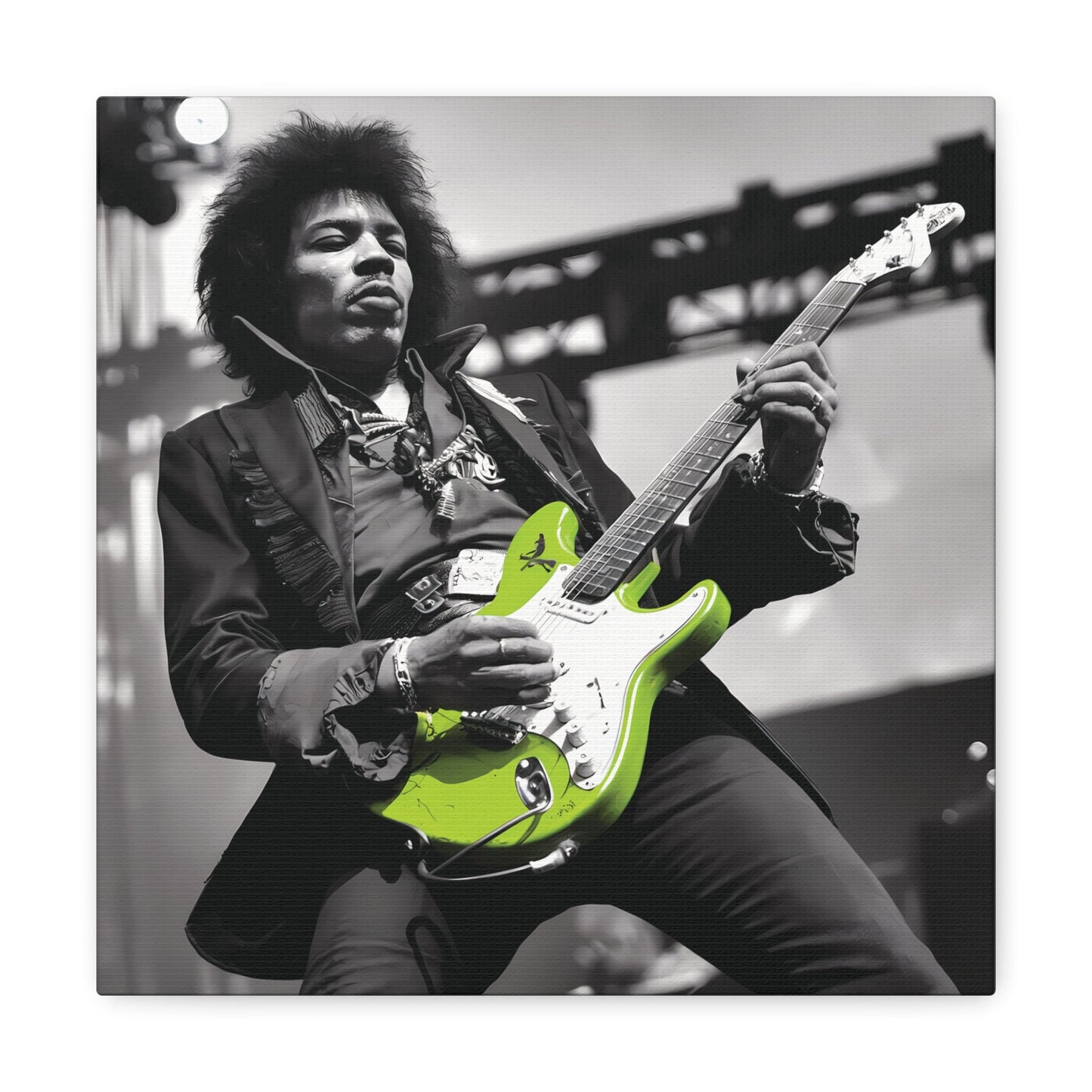 Monochrome portrait of Jimi Hendrix with neon green guitar, dynamic on-stage pose, rock legend wall art.