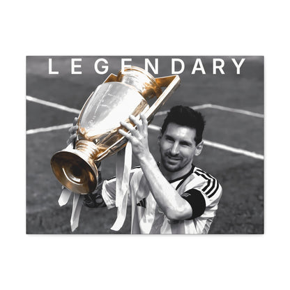 Lionel Messi Poster Vintage Glory Championship Canvas Wall Art featuring 8K print of Messi holding trophy.