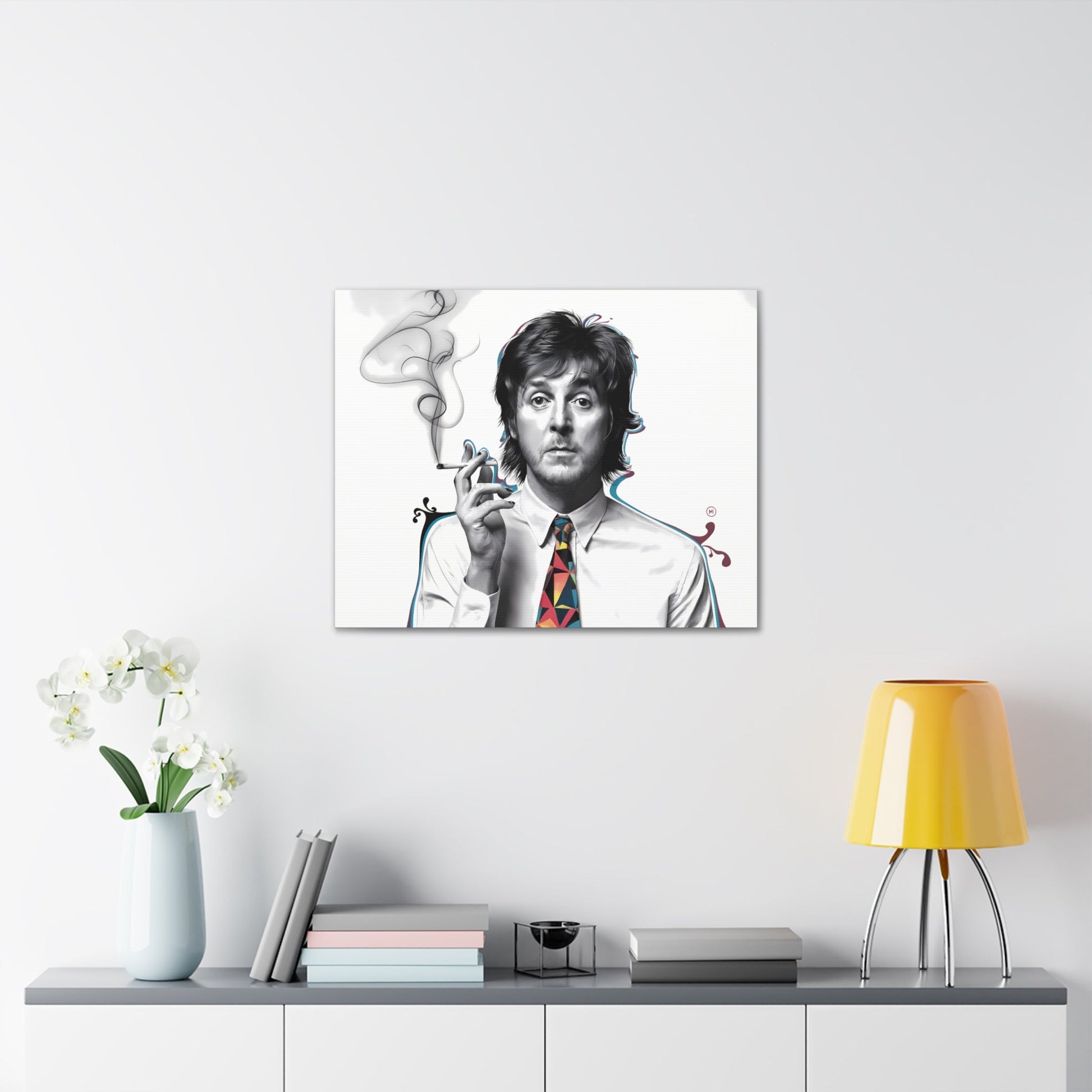 nullSurreal Paul McCartney Art | Dreamlike Portrait with Cigarette | Bold CanvasDiscover a surreal, dreamlike artwork of Paul McCartney smoking a cigarette, wearing a white shirt and bold geometric tie. Perfect for music and art lovers. Free shi