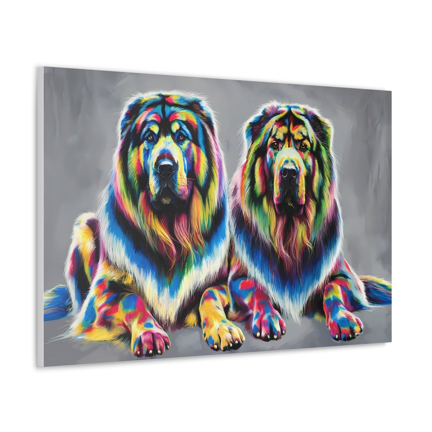 Vibrant Tibetan Mastiff rainbow art on canvas, colorful dog portraits, gallery wrap wall decor.