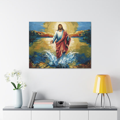 Painting of Jesus Christ walking on water with radiant light, splash effects, and serene lake backdrop; biblical artwork for home or worship space.