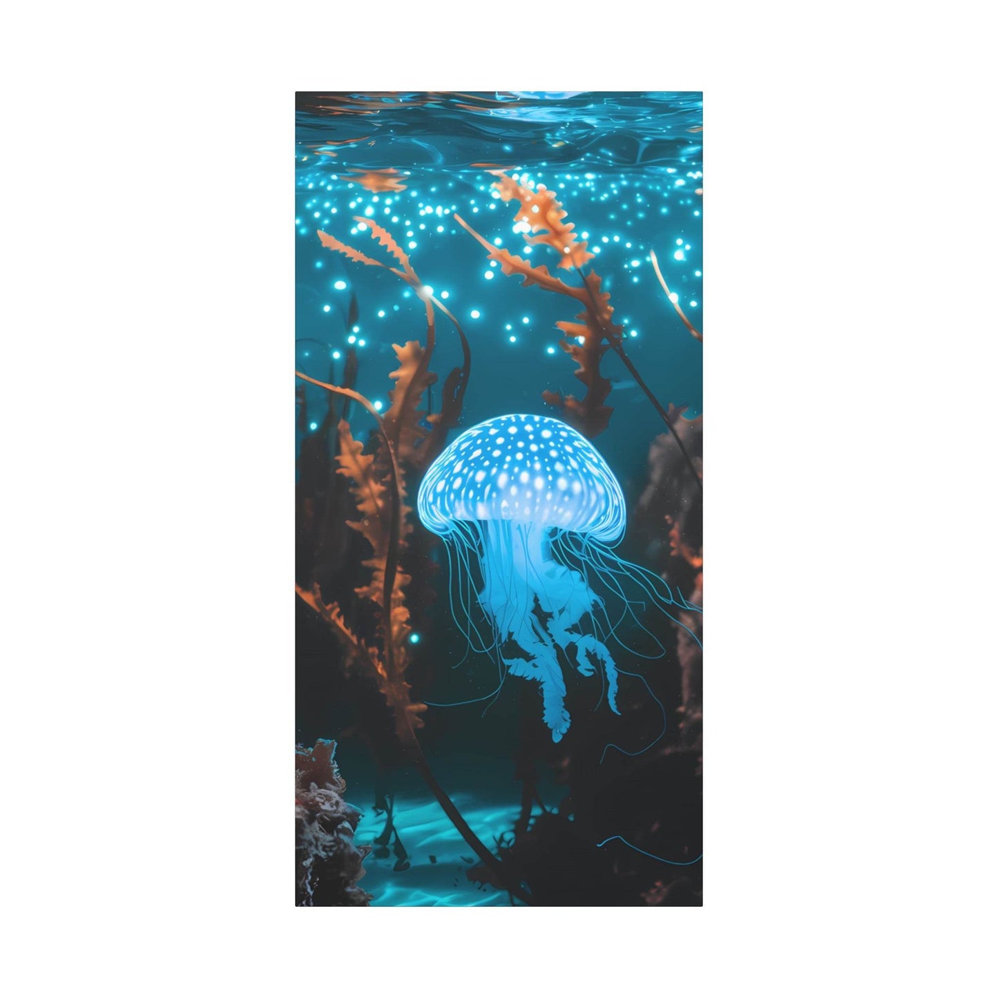 nullBioluminescent Underwater Scene | Luminescent Jellyfish | Matte CanvasCanvasTransform your space with this captivating high-resolution canvas print featuring a mesmerizing bioluminescent underwater scene. At the heart of this ethereal image 