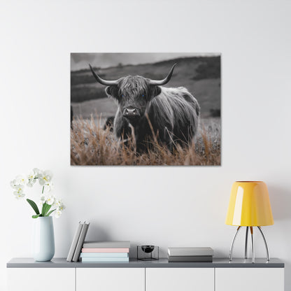 Majestic Highland Cow Canvas Print - 8K Cinematic Wall Art - Monochromatic Wall Art Print