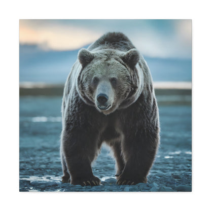 Majestic brown bear on rocky ledge, wilderness canvas artwork.