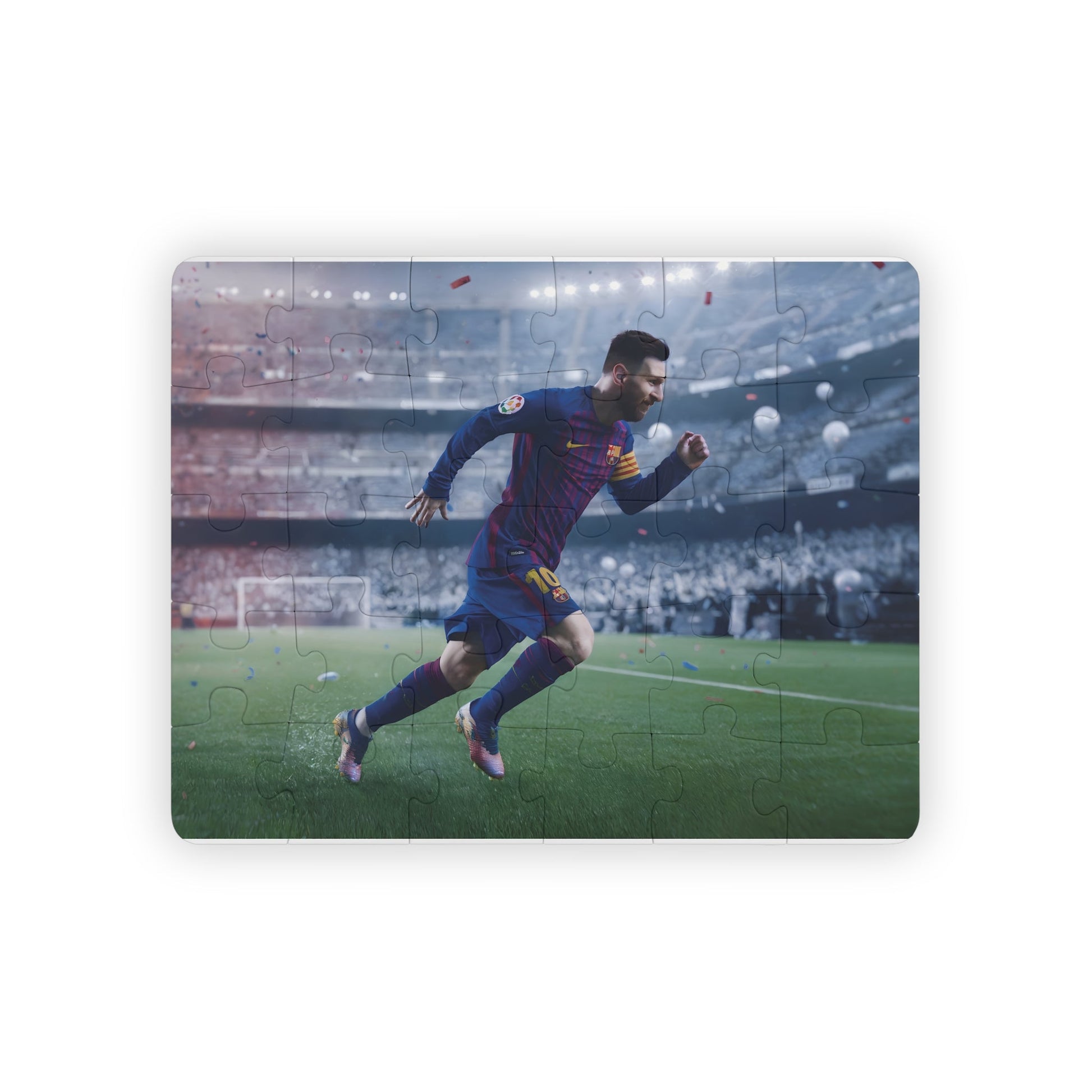 Lionel Messi Kids Puzzle, 30-piece, featuring Messi in FC Barcelona jersey, running on a soccer field, in action-packed scene.