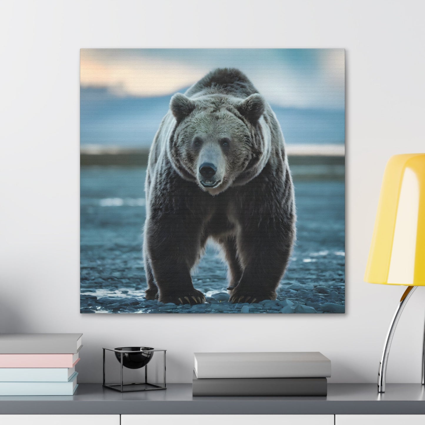 Majestic brown bear canvas wall art in natural wilderness setting, ideal for adding warmth to any space; bear artwork.