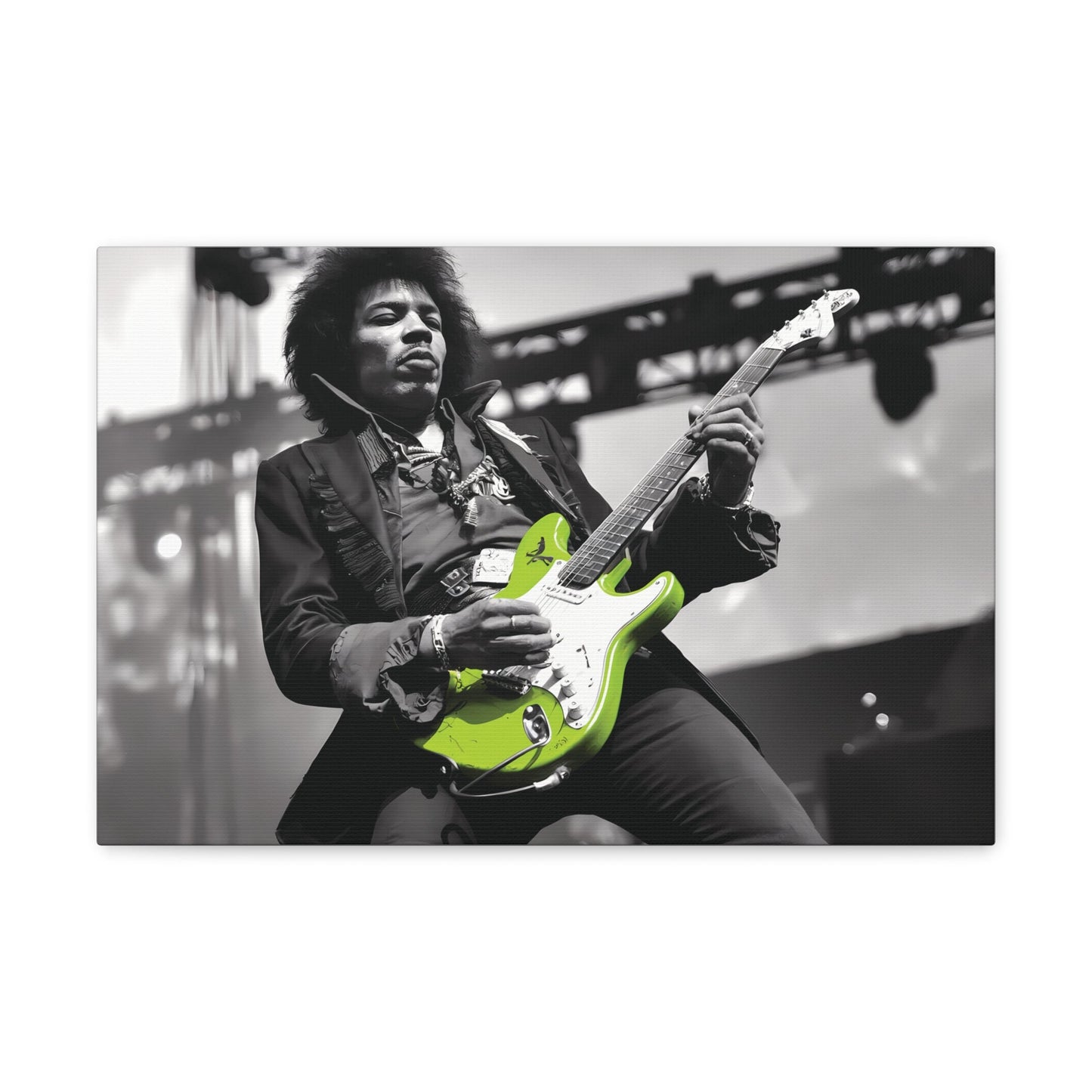 Jimi Hendrix playing neon green guitar monochrome portrait canvas art.