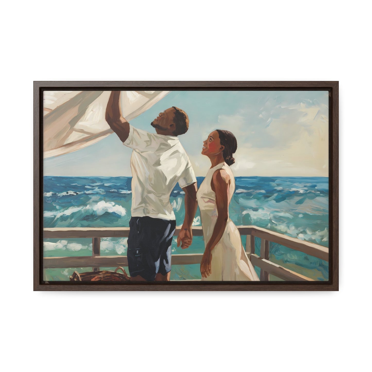 African American couple painting on coastal wooden deck, dynamic brushstrokes, serene ocean backdrop, decorative wall art.