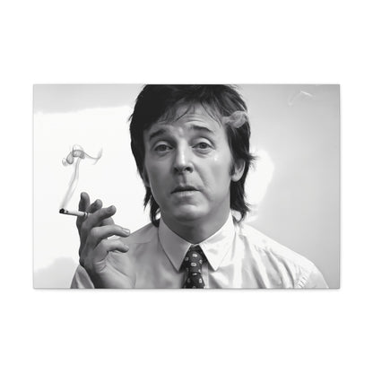 Black and white portrait of Paul McCartney with cigarette smoke, 1960s-inspired decor.