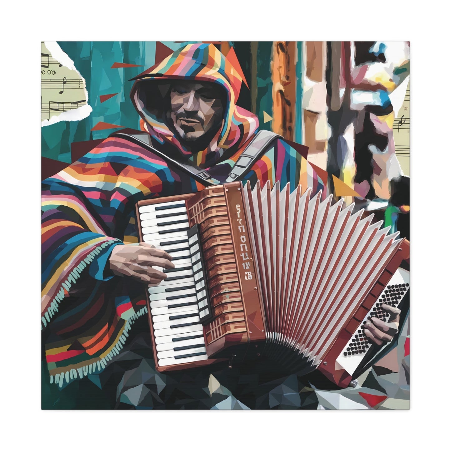 Vibrant accordion street performer canvas art with multicolored strokes and teal background.