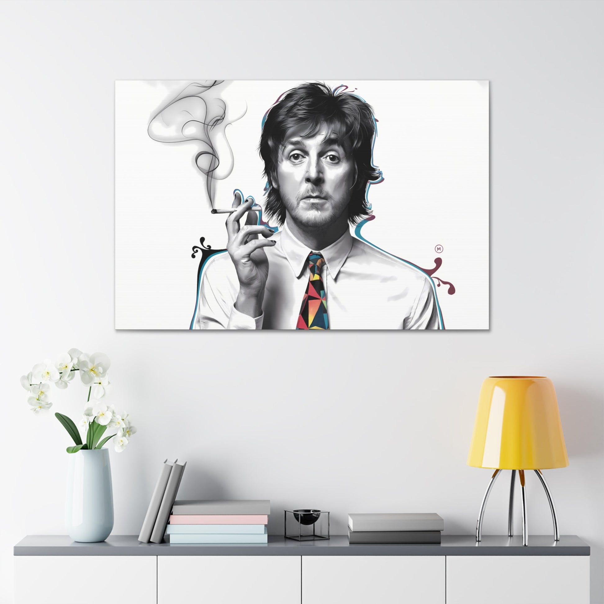 nullSurreal Paul McCartney Art | Dreamlike Portrait with Cigarette | Bold CanvasDiscover a surreal, dreamlike artwork of Paul McCartney smoking a cigarette, wearing a white shirt and bold geometric tie. Perfect for music and art lovers. Free shi