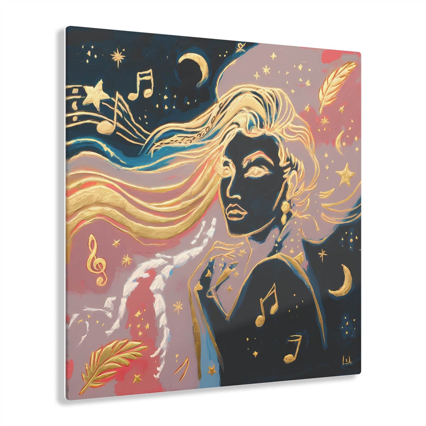 Abstract painting of a woman with gold hair and musical notes, featuring celestial elements. Modern wall decor from "Dreams Of A Star Collection."