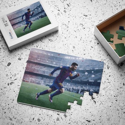 Lionel Messi kids puzzle set with FC Barcelona jersey, 30-piece jigsaw.