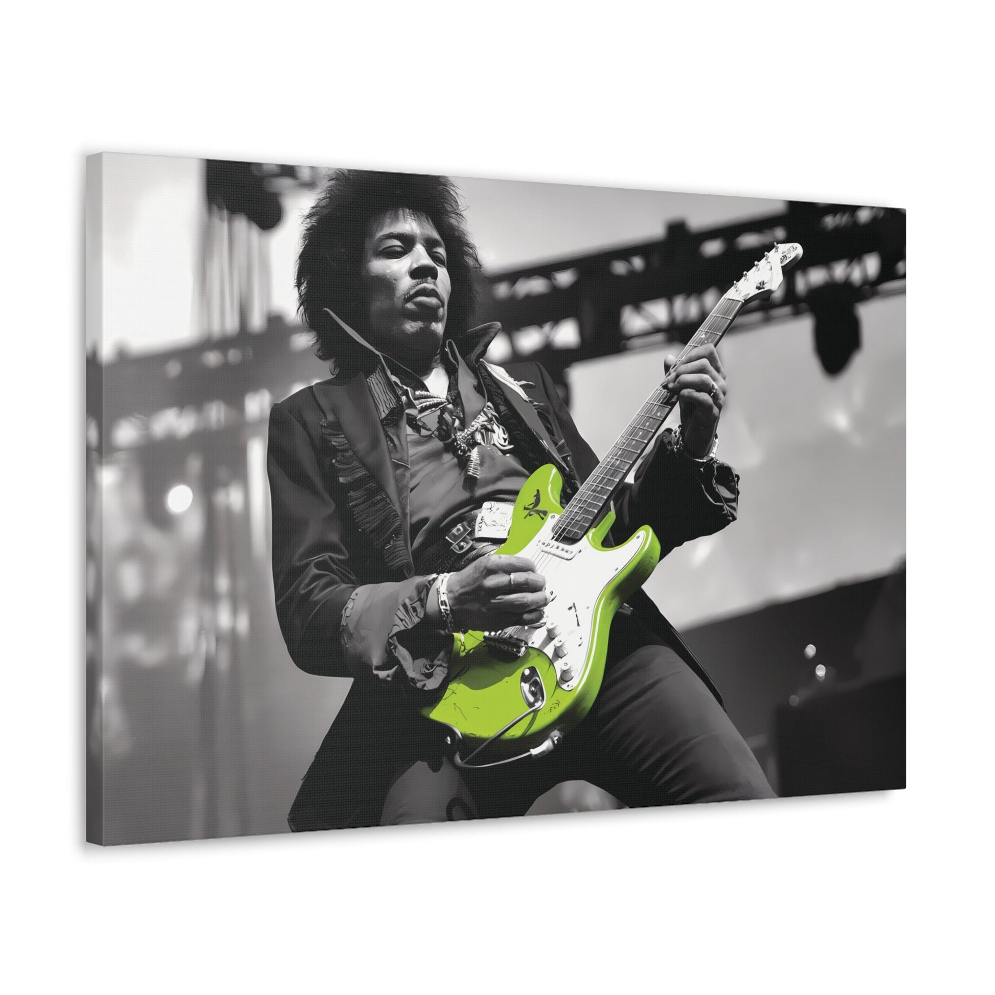 Monochrome portrait of Jimi Hendrix playing guitar with neon green highlight, rock legend wall art.