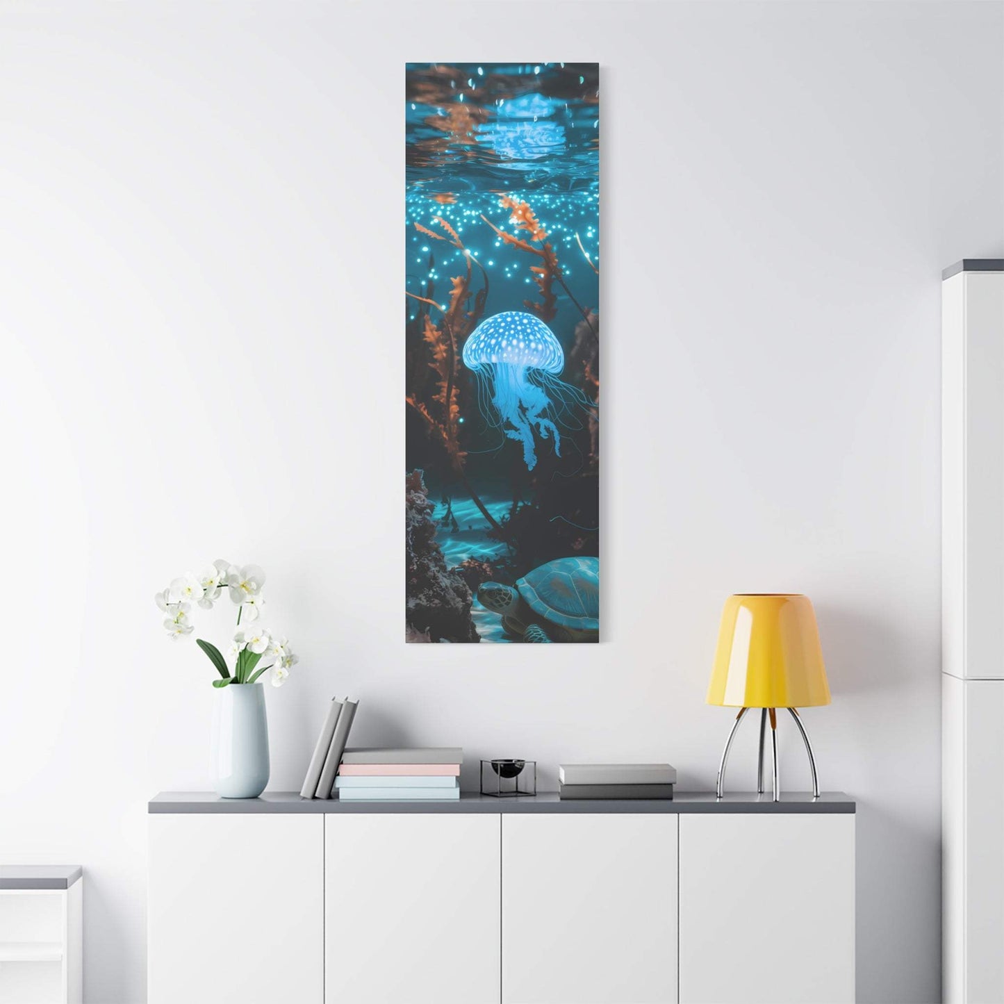 nullBioluminescent Underwater Scene | Luminescent Jellyfish | Matte CanvasCanvasTransform your space with this captivating high-resolution canvas print featuring a mesmerizing bioluminescent underwater scene. At the heart of this ethereal image 