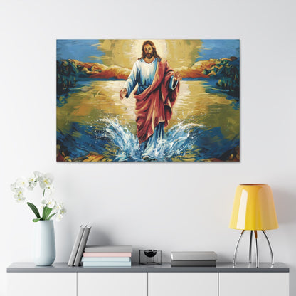 Jesus Christ Walking on Water Painting in vibrant colors displayed on a wall in modern home.