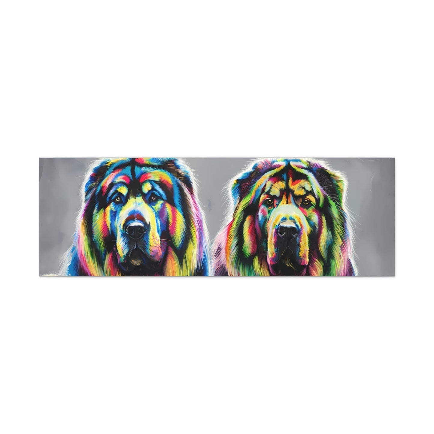 Colorful Tibetan Mastiff canvas art displaying vibrant rainbow hues.