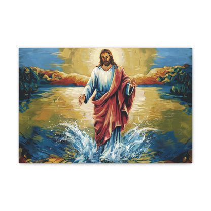 Jesus Christ walking on water painting depicting divine radiance and faith, vibrant colors on canvas.