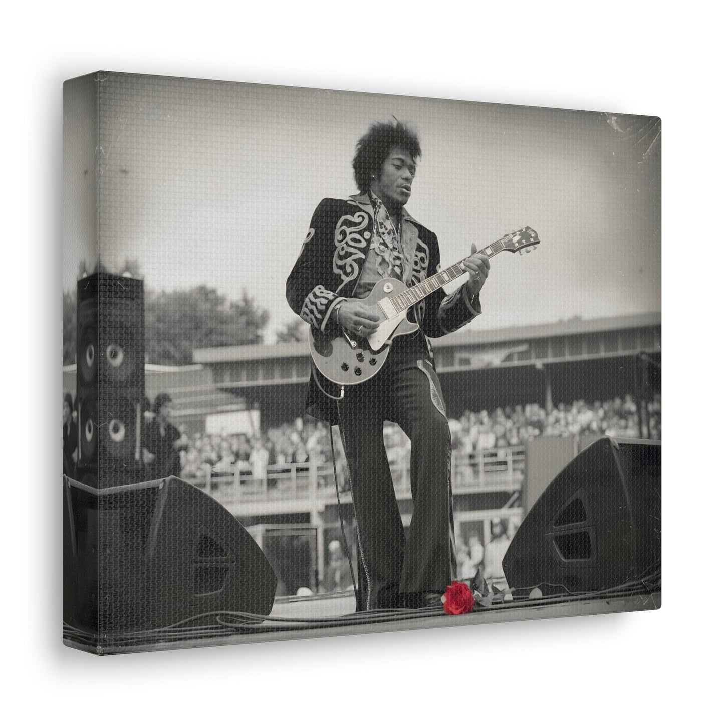 Vintage-Style Jimi HendrixVintage-Style Jimi Hendrix Performance Photo - Unique Black-and-White CanvasExperience the raw energy of Jimi Hendrix in this vintage-style black-and-white photo. This unique art print captures the iconic guitarist mid-performance, surrounde