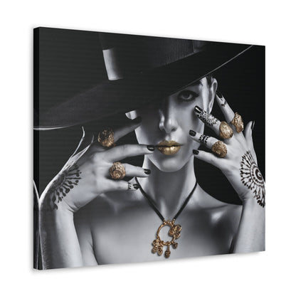 Vogue-inspired black and white portrait canvas with gold accents, featuring a woman in a wide-brimmed hat and mendhi designs.