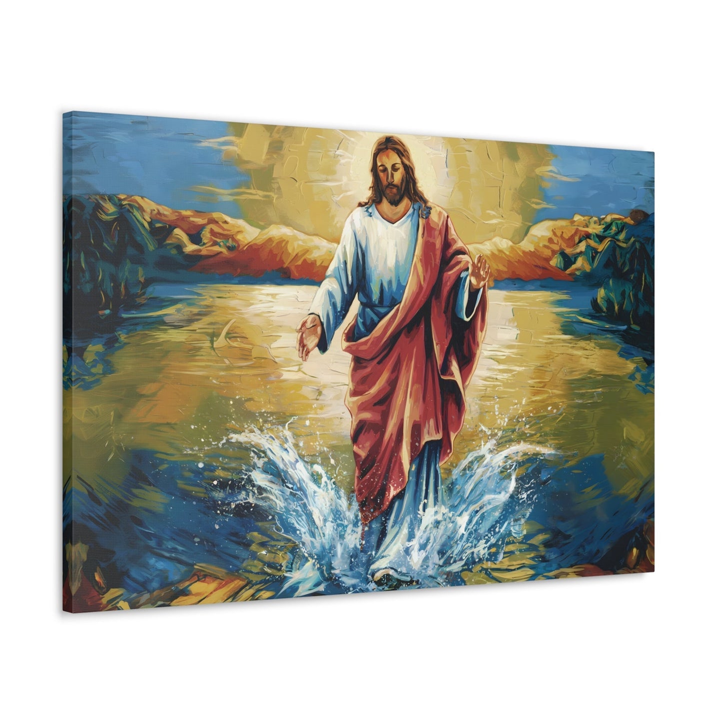 Jesus Christ walking on water painting, divine radiance art print, vibrant colors, canvas wall art.