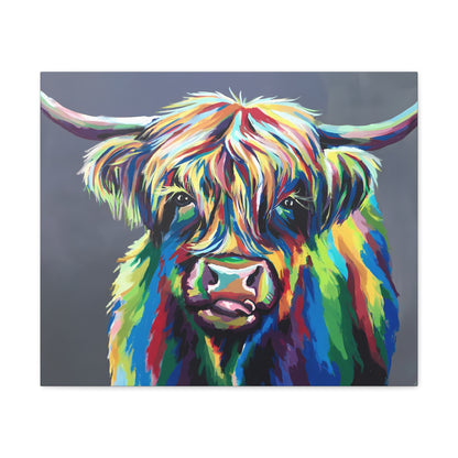 Vibrant Rainbow Highland Cow Canvas Print - "MooPhi The Cow" Colorful Scottish Wall Art