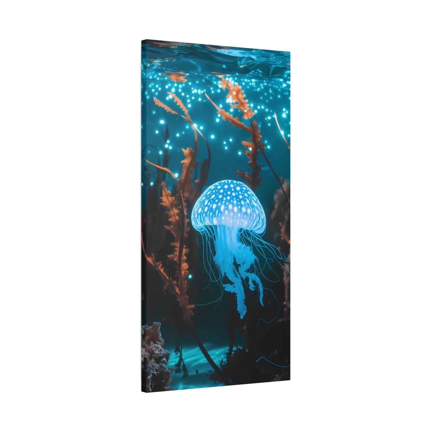 nullBioluminescent Underwater Scene | Luminescent Jellyfish | Matte CanvasCanvasTransform your space with this captivating high-resolution canvas print featuring a mesmerizing bioluminescent underwater scene. At the heart of this ethereal image 