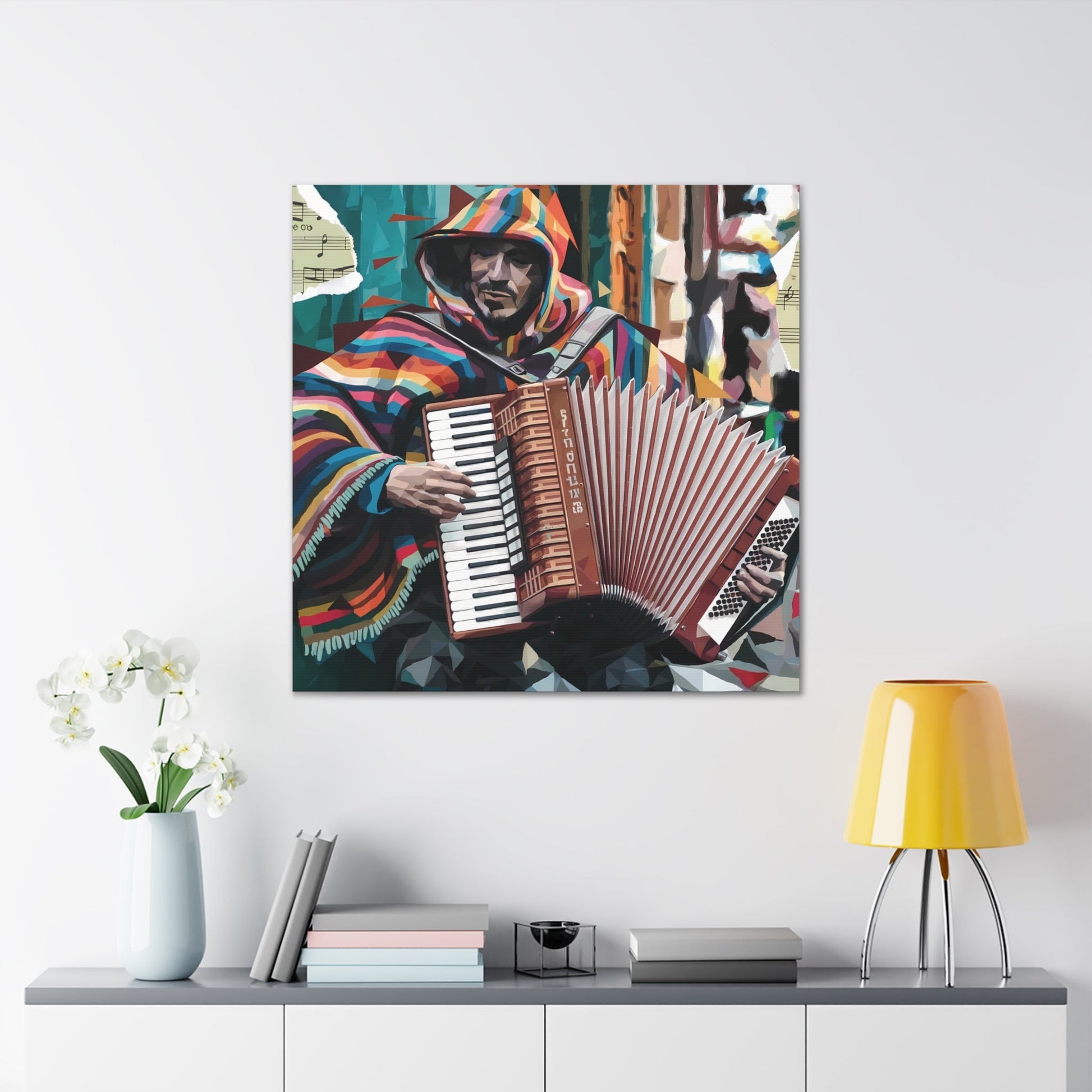 Vibrant accordion art featuring musical street performer on canvas.