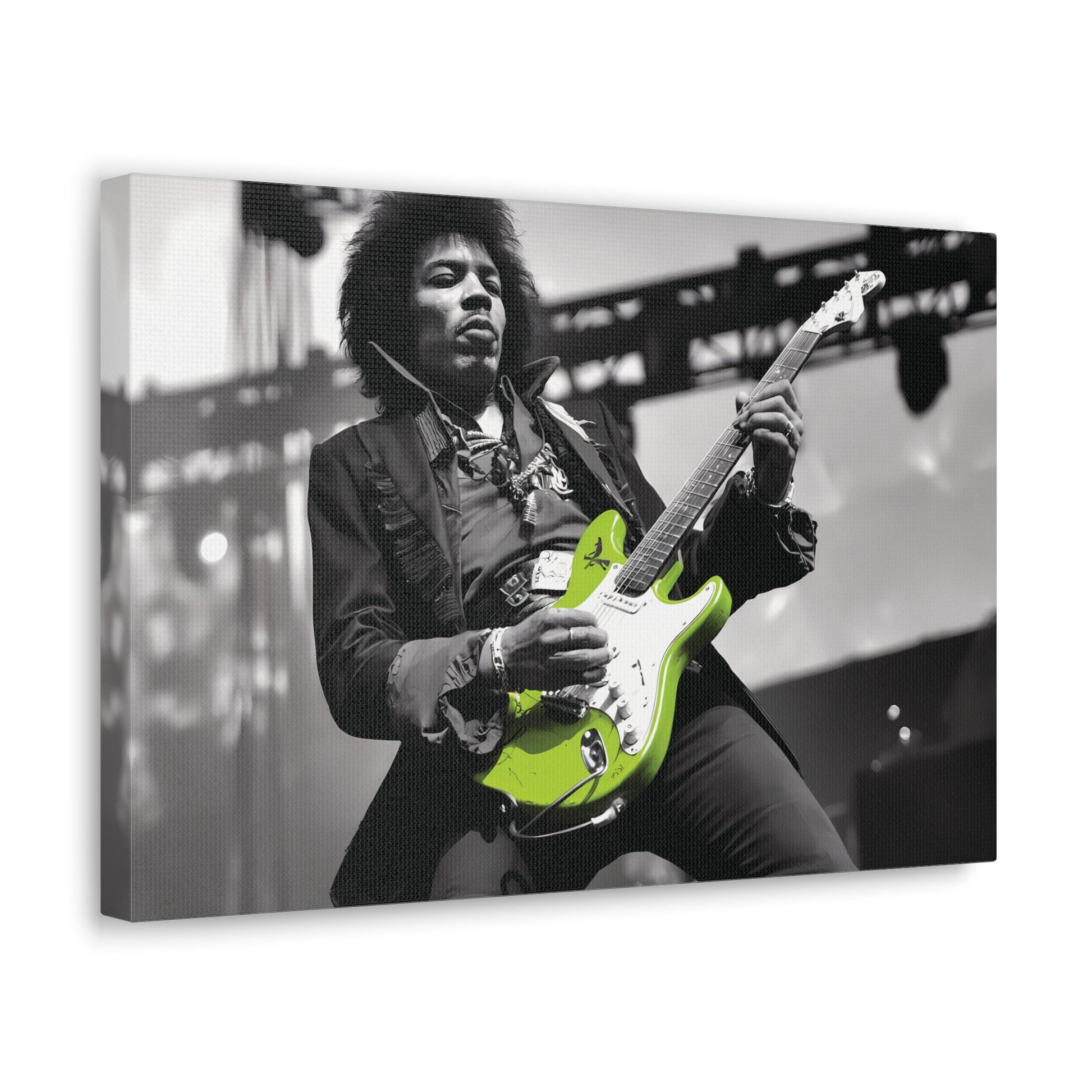 Monochrome portrait of Jimi Hendrix playing guitar with neon green accents, perfect for rock music lovers' decor.