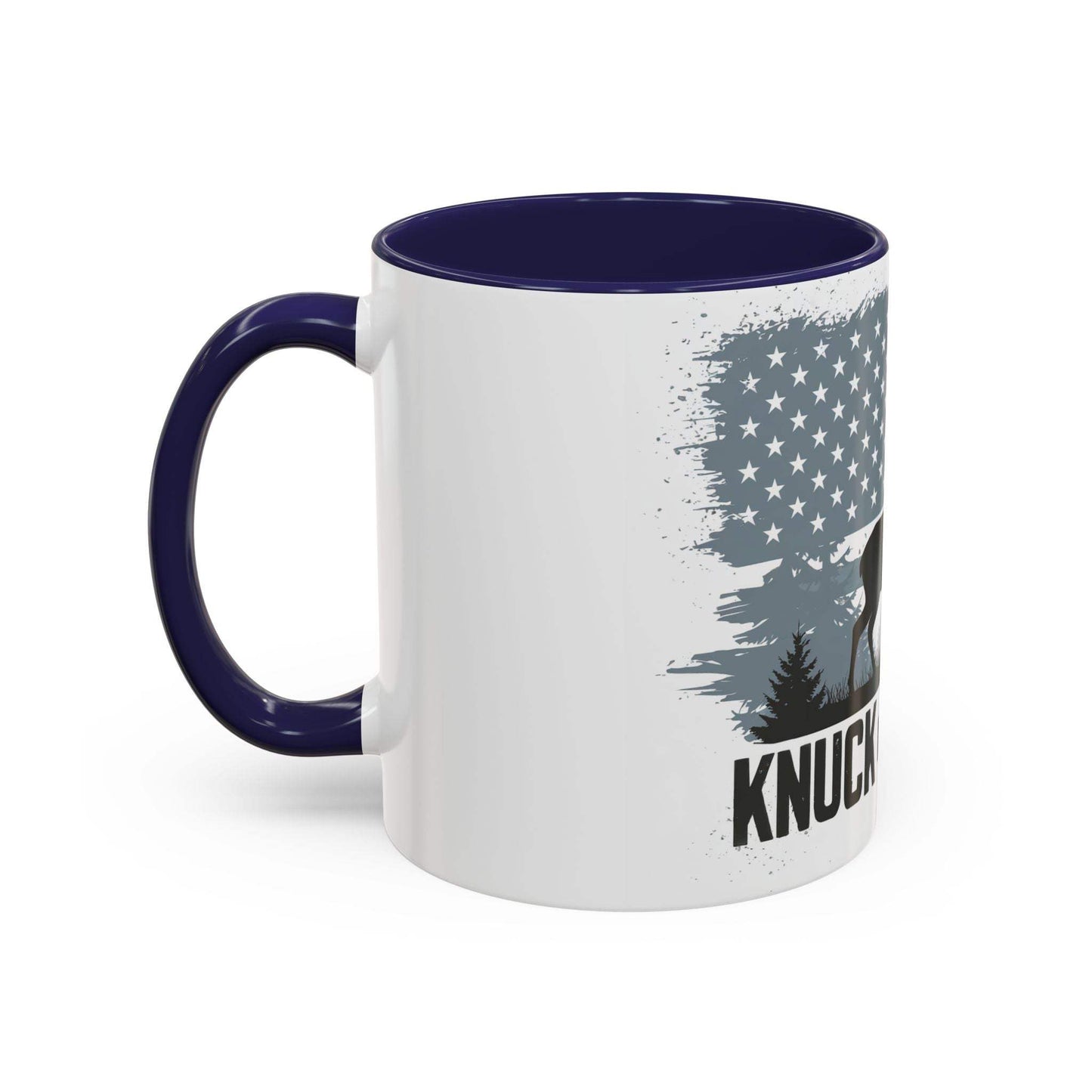 Hunting-themed coffee mug with buck silhouette and American flag design.