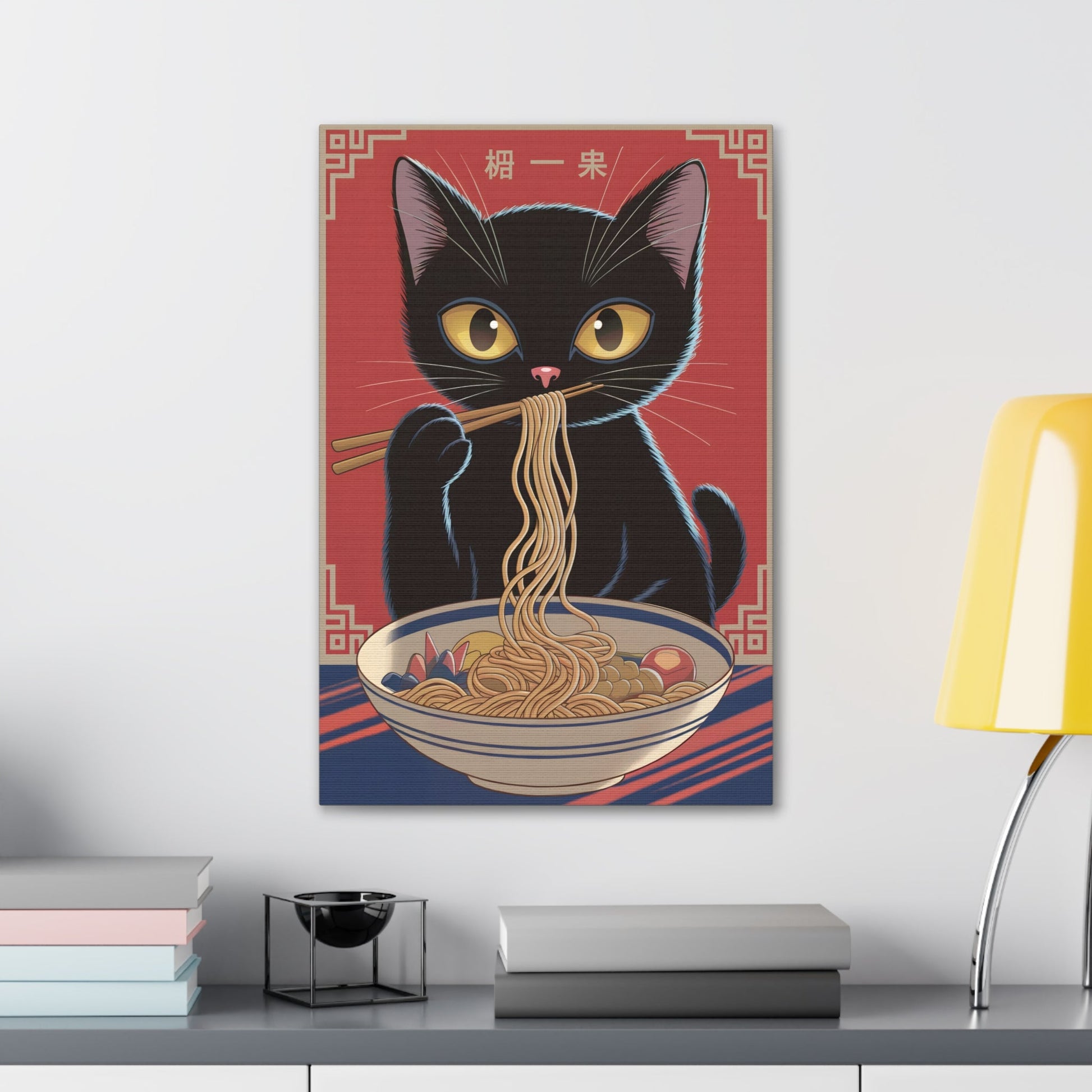 Kawaii anime-inspired wall art canvas featuring a cute cat eating ramen, perfect for