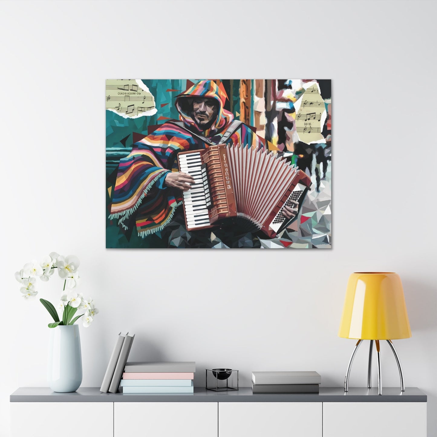 Vibrant accordion art depicting a musical street performer in a colorful poncho, set against a teal urban background.