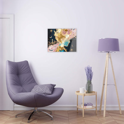 Abstract portrait wall art with musical notes and cosmic elements displayed above a modern chair.