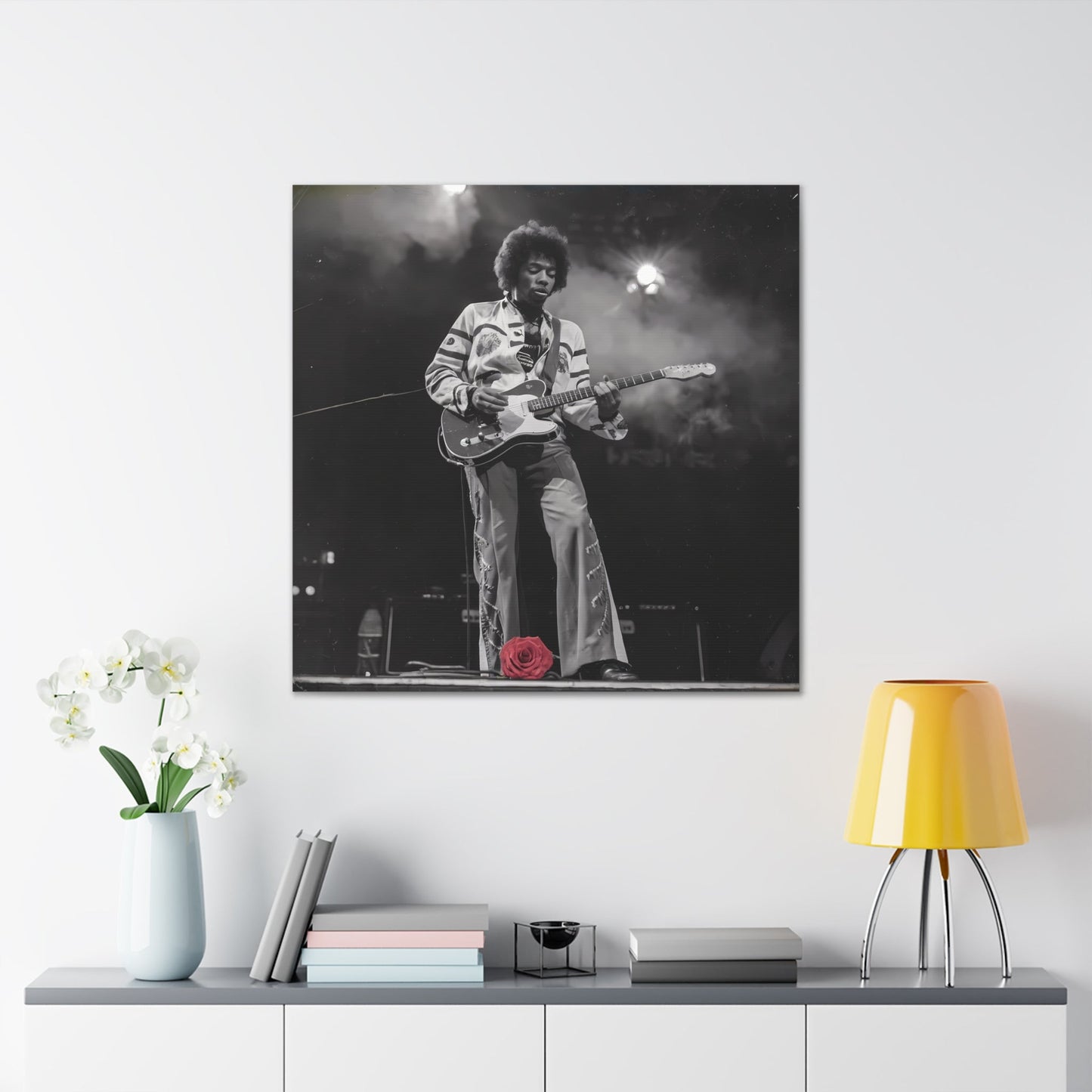 Jimi Hendrix Timeless Passion: Jimi Hendrix Vintage Performance | Canvas Gallery WrCanvasJimi Hendrix Vintage Photo Art - Black and White with Red Rose AccentExperience the raw energy of Jimi Hendrix through this unique vintage-style canvas. Bring the s