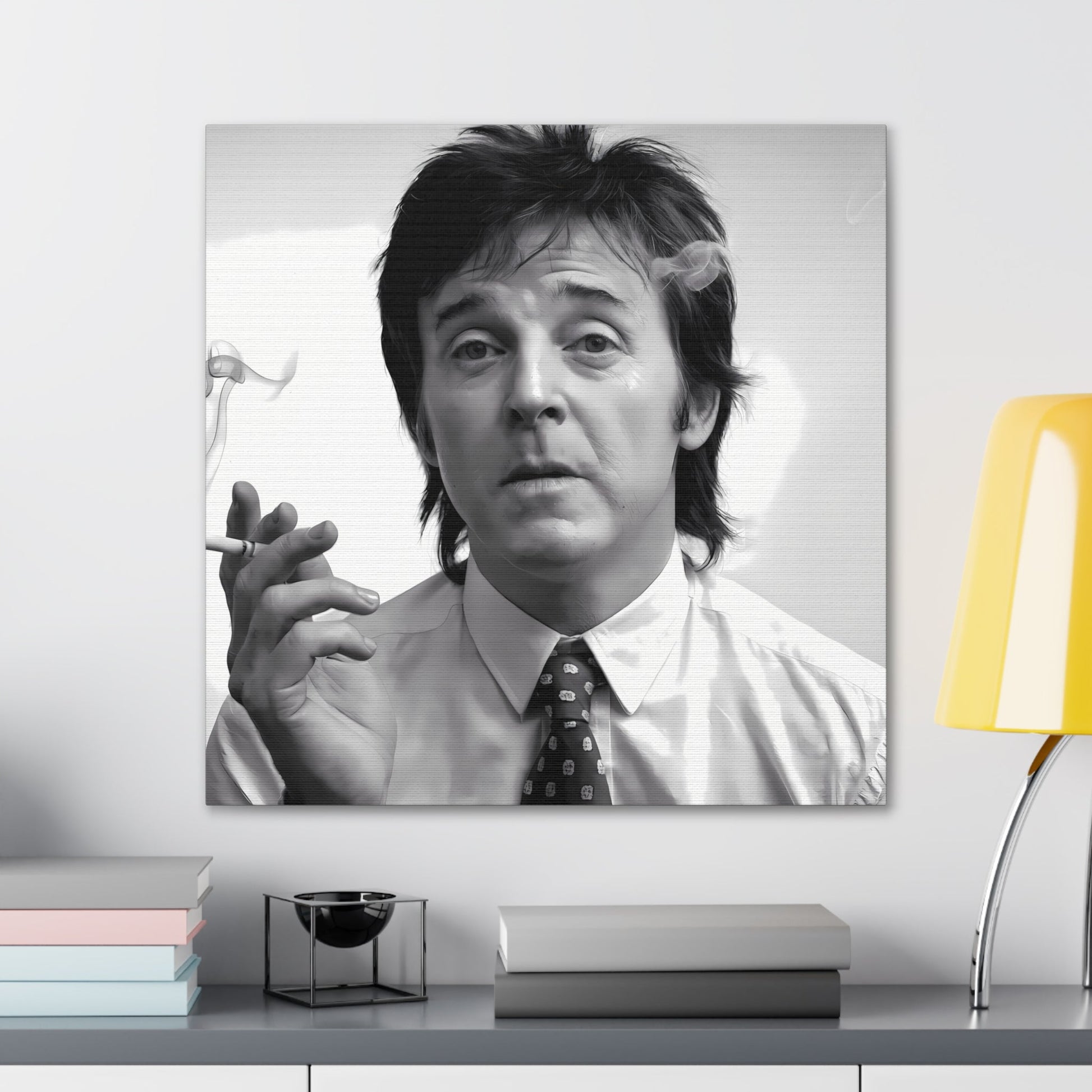 Paul McCartney black and white portrait with cigarette smoke, 1960s inspired modern wall art on canvas.