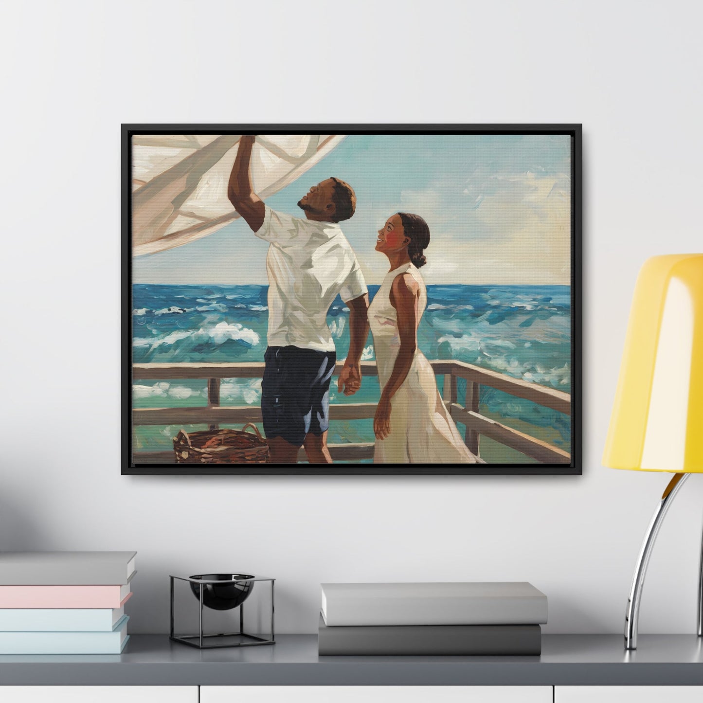 African American couple painting with coastal scene on canvas, featuring ocean waves and wooden deck.