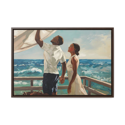 African American couple standing on a wooden deck by the ocean, with dynamic waves and a serene coastal backdrop, canvas wrap.