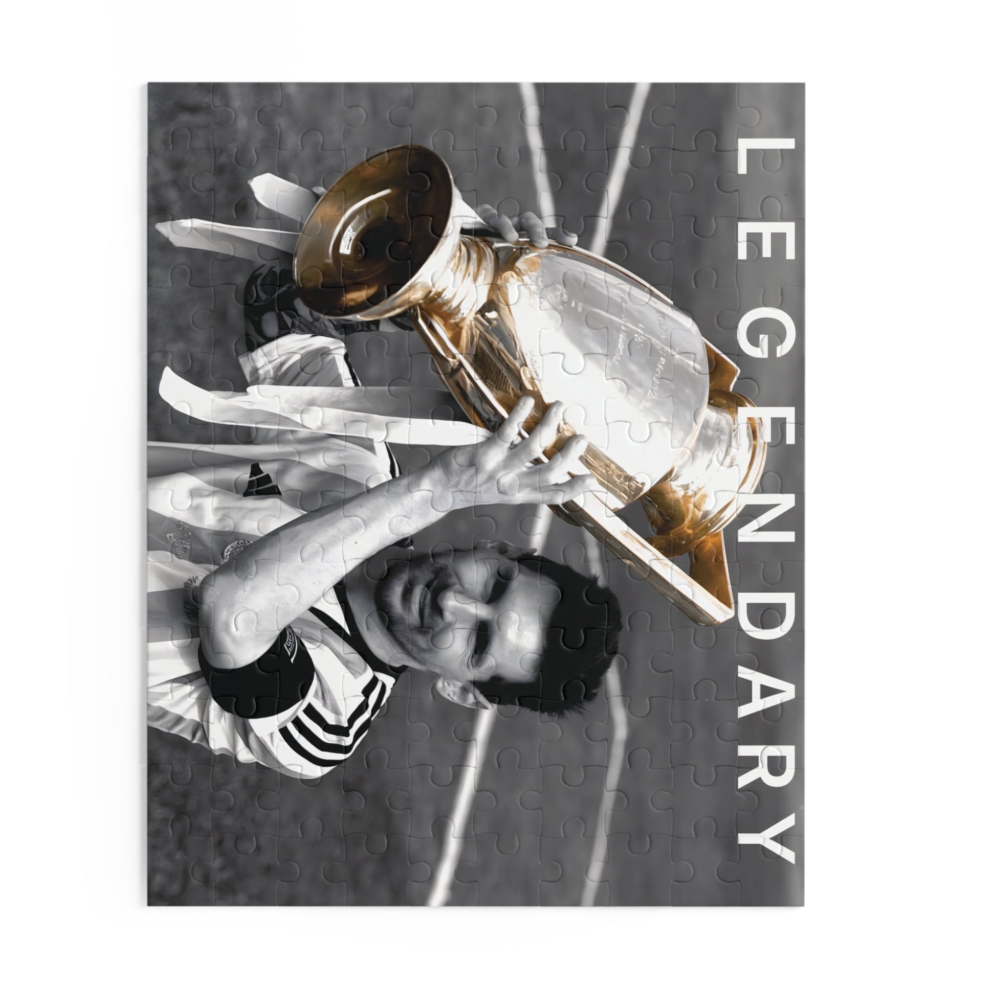 Lionel Messi Soccer Game - Vintage Glory Championship Puzzle with trophy, black and white, 120 to 500 pieces.