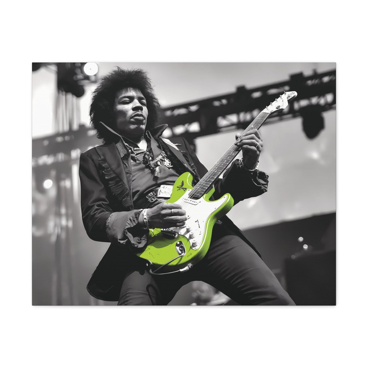 Monochrome portrait of Jimi Hendrix playing a neon green guitar on stage.