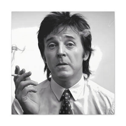 Black and white portrait of Paul McCartney with cigarette smoke, 1960s inspired decor.