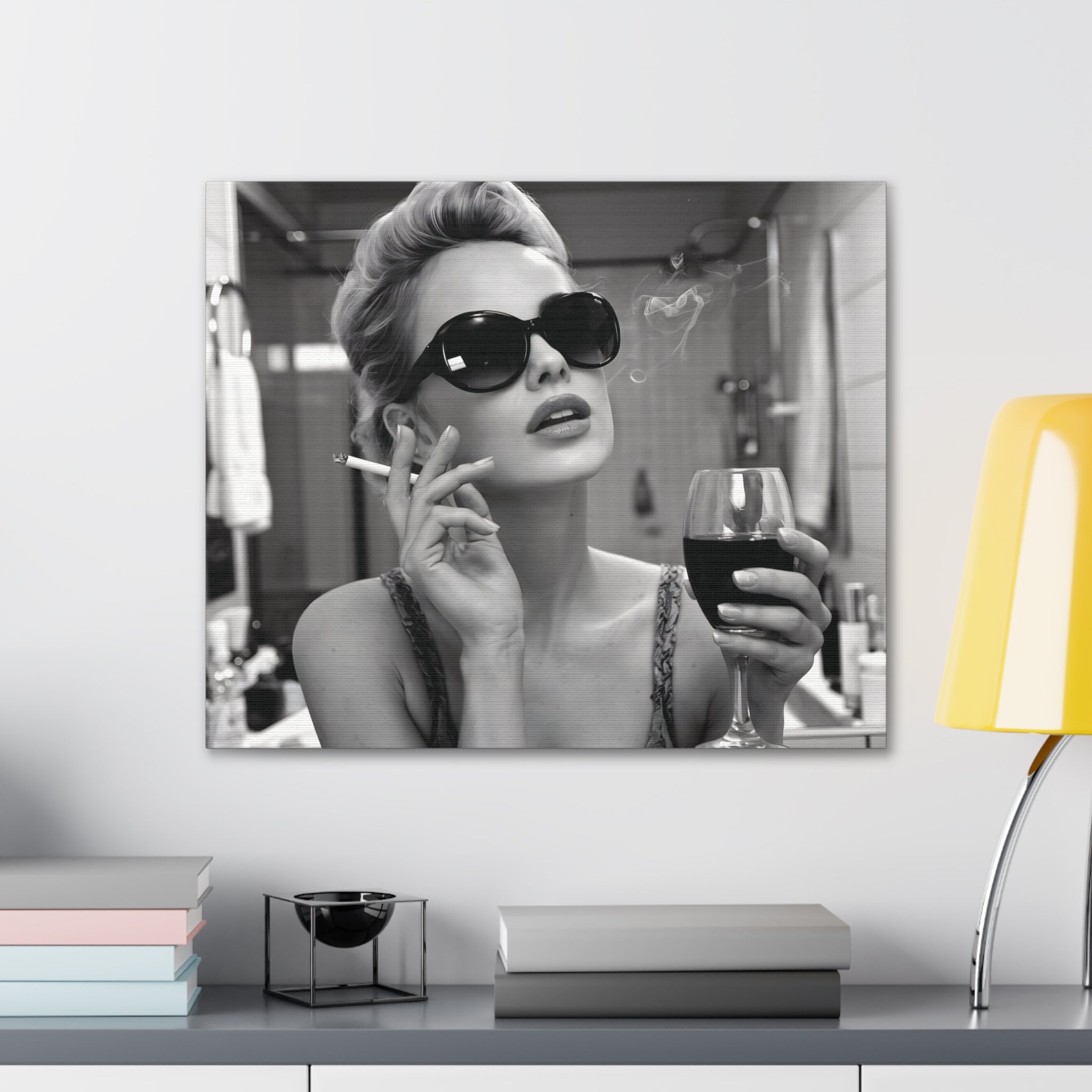 Black and white bathroom photography canvas featuring a fashionable woman exuding retro glamour with sunglasses, cigarette, and wine glass.