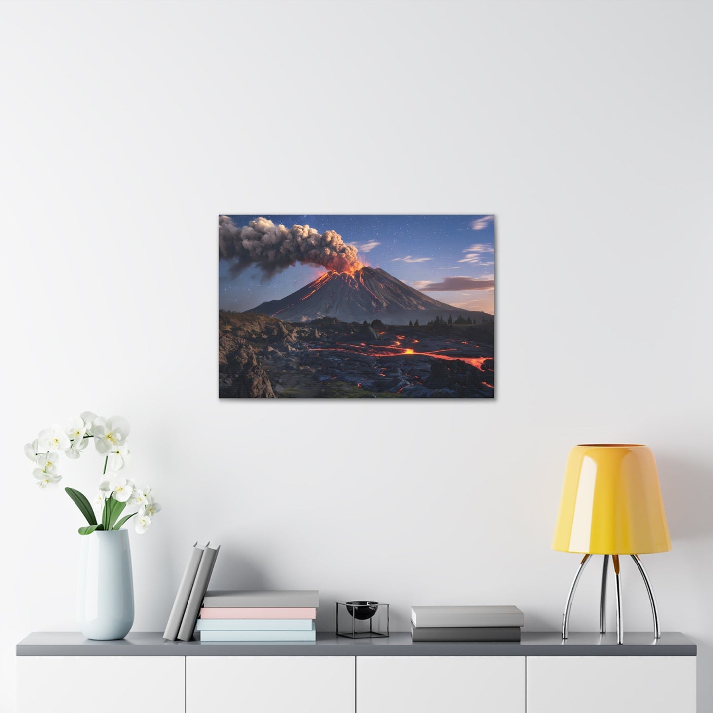 Dramatic Volcano Landscape canvas depicting an active volcano with lava and ash, under a starry night sky, wall art for nature lovers.