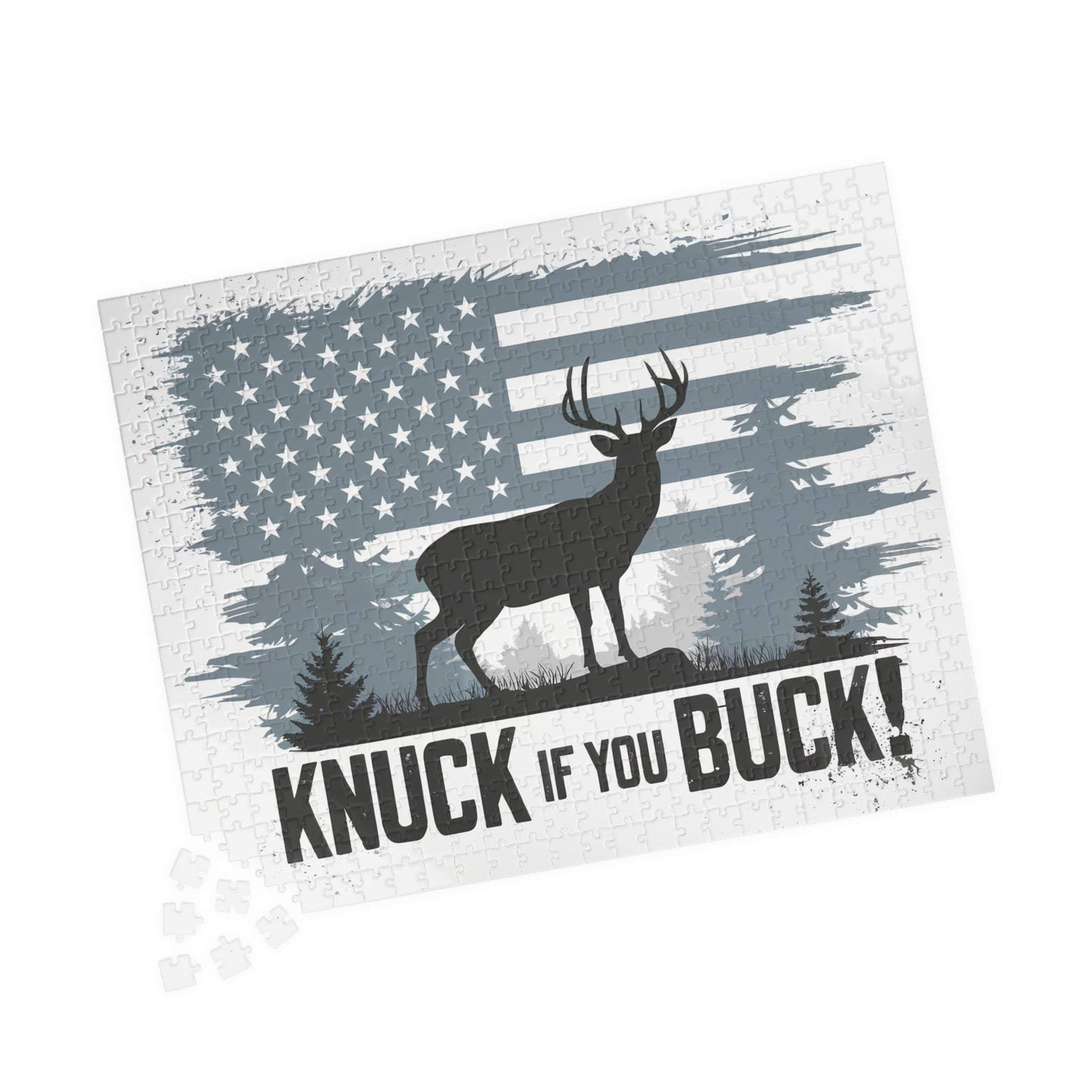 Hunting Themed Puzzle with "Knuck If You Buck" design featuring deer silhouette and American flag.