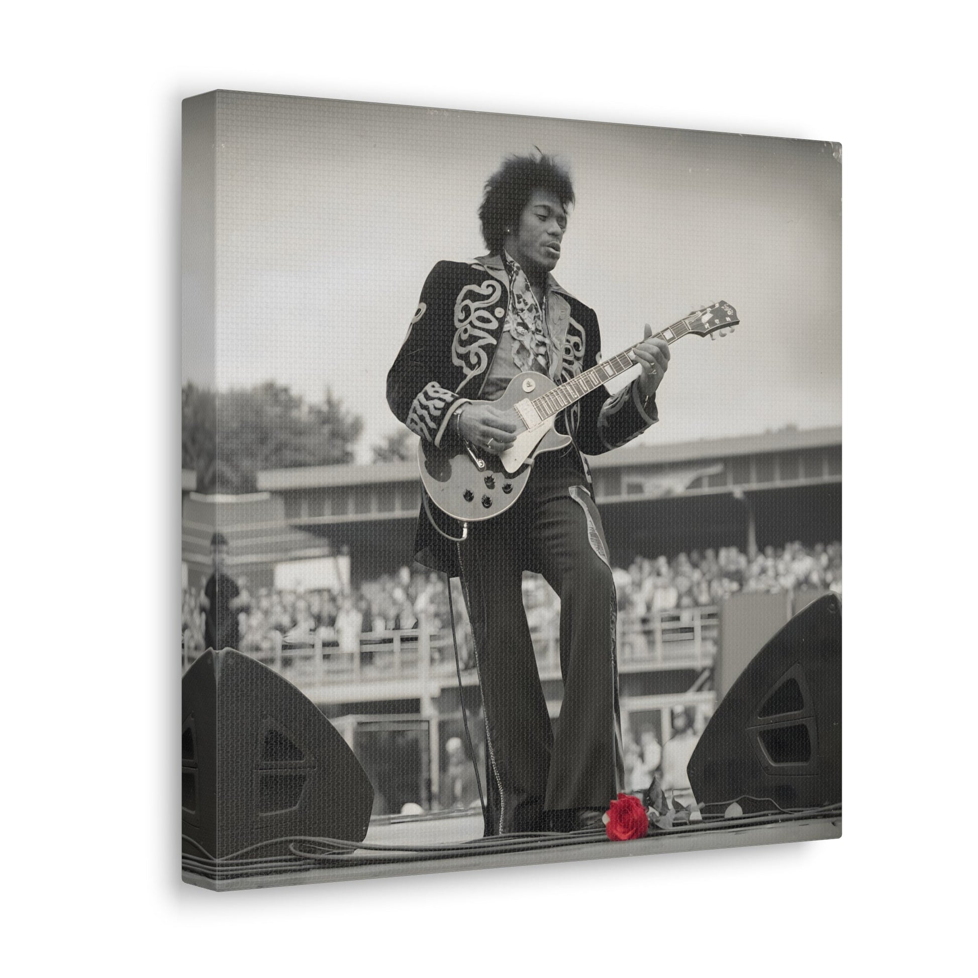 Vintage-Style Jimi HendrixVintage-Style Jimi Hendrix Performance Photo - Unique Black-and-White CanvasExperience the raw energy of Jimi Hendrix in this vintage-style black-and-white photo. This unique art print captures the iconic guitarist mid-performance, surrounde