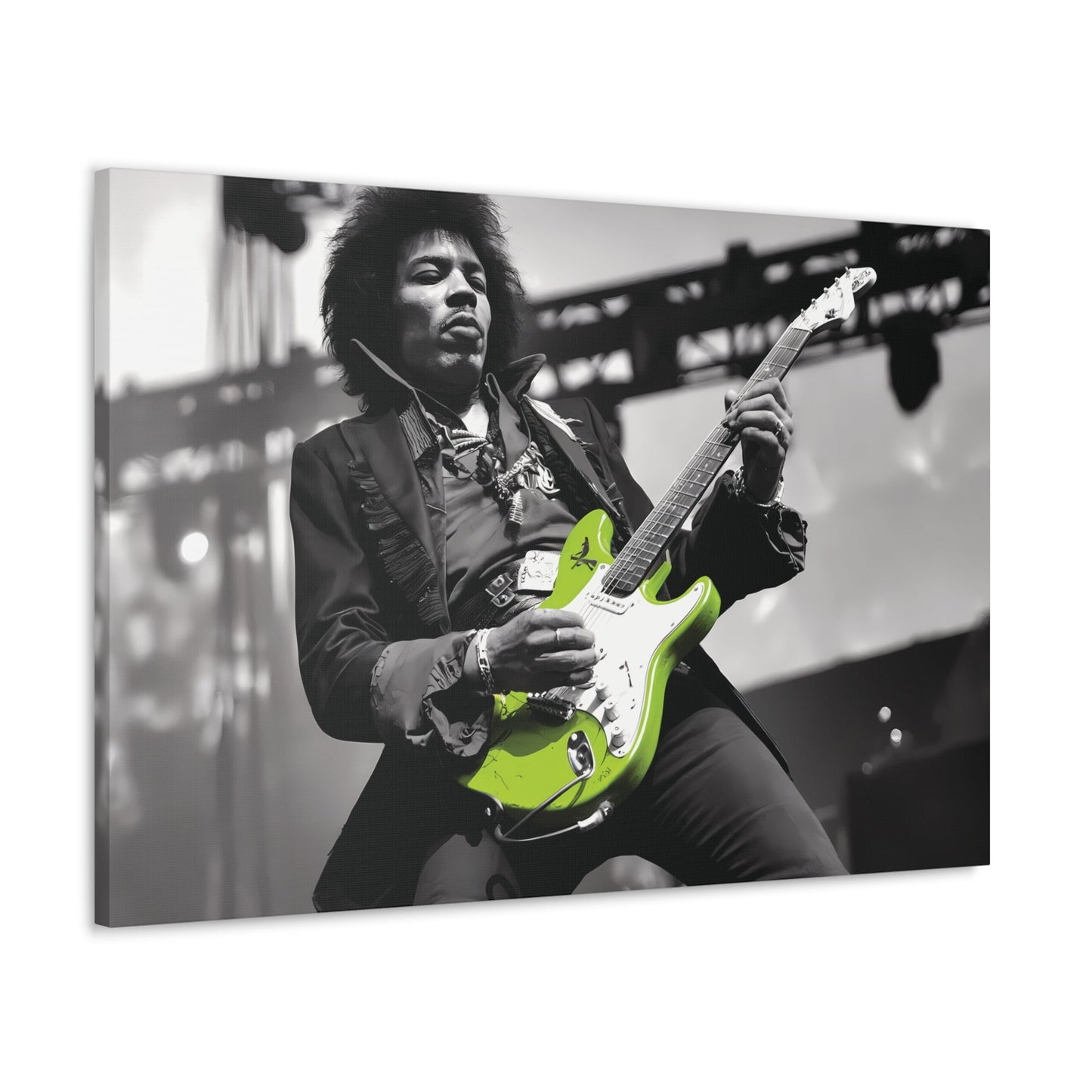 Jimi Hendrix monochrome portrait with neon green guitar, iconic rock legend wall art.