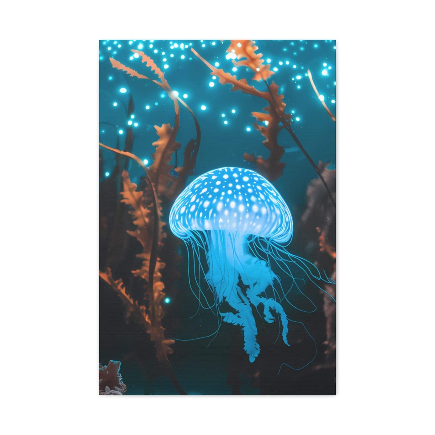 nullBioluminescent Underwater Scene | Luminescent Jellyfish | Matte CanvasCanvasTransform your space with this captivating high-resolution canvas print featuring a mesmerizing bioluminescent underwater scene. At the heart of this ethereal image 