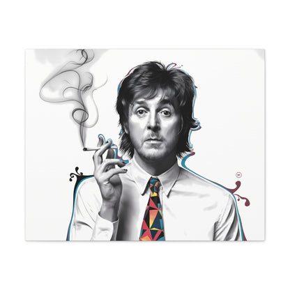 Paul McCartney Art surrealist portrait with cigarette and geometric tie design on canvas.