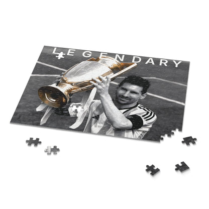 Lionel Messi Soccer Game - Vintage Glory Puzzle Set featuring Messi holding a championship trophy, 8K black and white with color pop, 120 to 500 pieces.