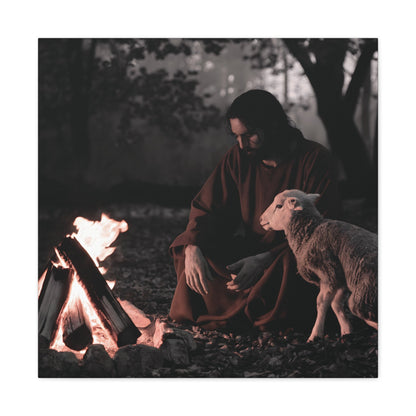 Jesus painting with lamb and sacred flame in forest, limited edition Christian wall art.